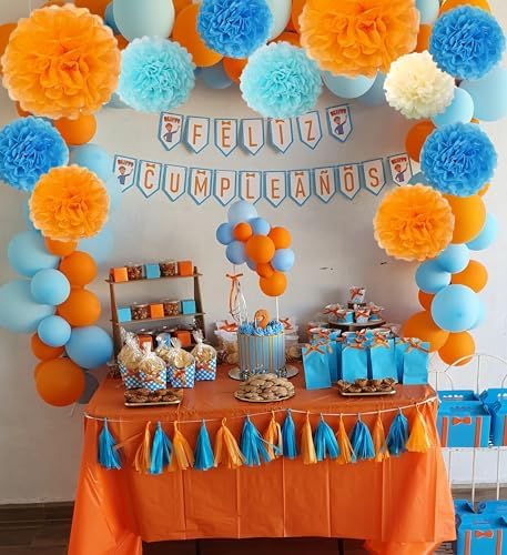 15PCS Blue Orange Party Decorations Tissue Pom Poms