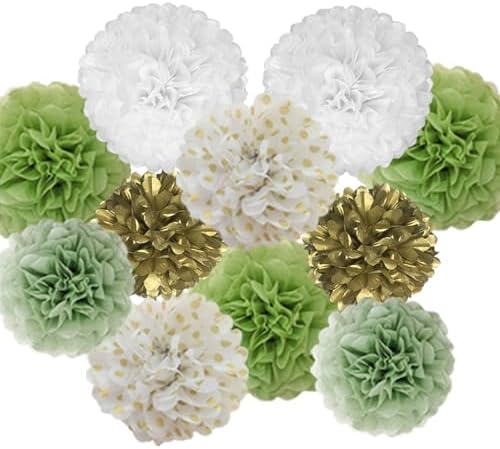 Kuailaihai 12pcs Sage Green Paper Pom Poms Set