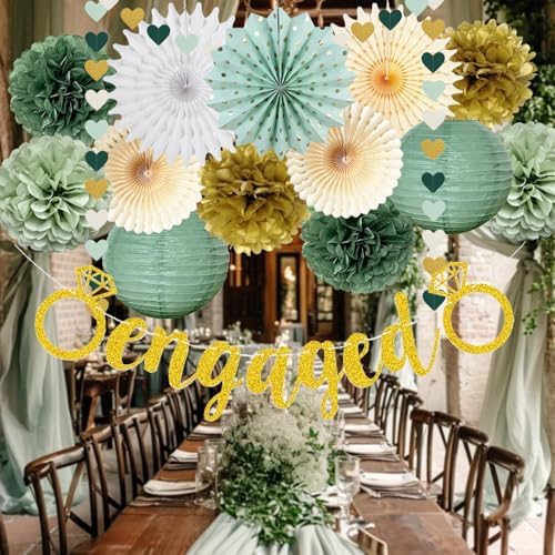 Engagement Party Decor Gold Banner Pom Poms Lanterns Fans Set
