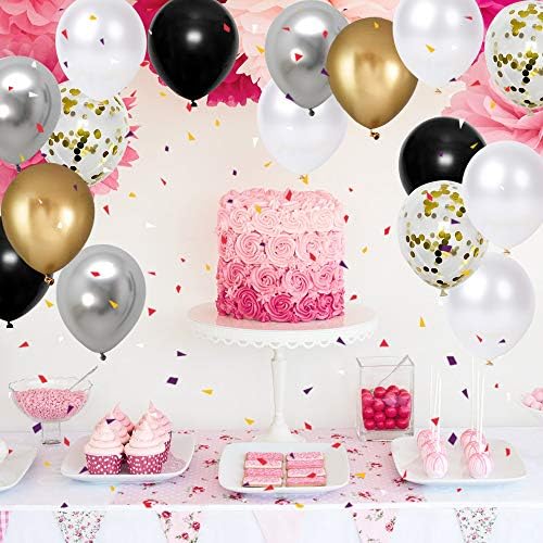 Black Gold Silver Party Balloons 50pcs 12 Inch Metallic Confetti Balloons with Ribbon