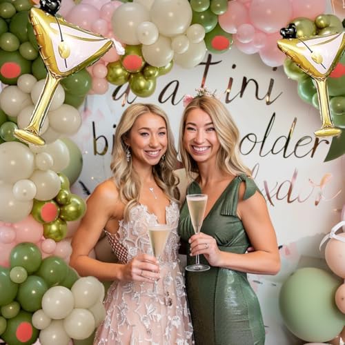 Martini Birthday Balloon Garland Kit 136Pcs Olive Green Pink White with Metallic Lime
