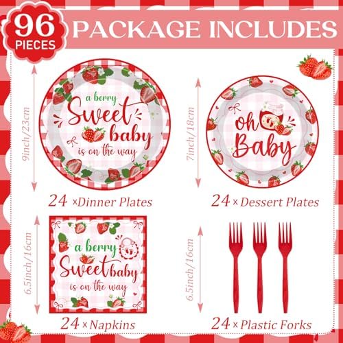 Strawberry Baby Shower 96 Pcs Decorations for 24 Guests