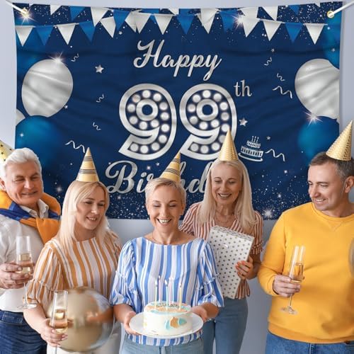 JOYKY Happy 99th Birthday Banner Blue Silver