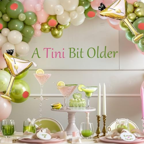 Martini Birthday Balloon Garland Kit 136Pcs Olive Green Pink White with Metallic Lime