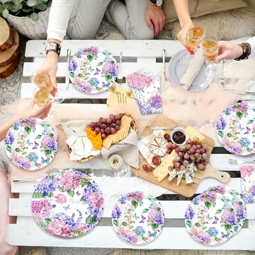 CC HOME Hydrangea Themed Paper Plates Napkins Set 88PCS