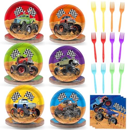 96Pcs Monster Truck Party Plates Napkins Forks for Kids