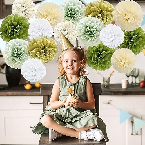 Sage Green Gold White Tissue Pom Poms Party Decor Kit