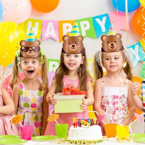 24 Pcs Bear Themed Party Hats with Ropes for Kids Birthday