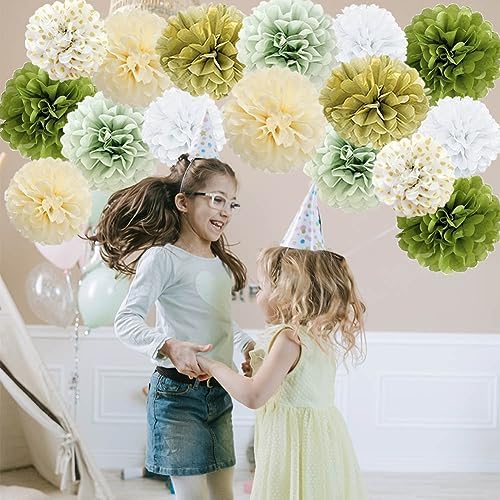 Sage Green Gold White Tissue Pom Poms Party Decor Kit