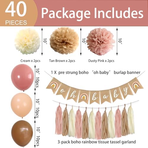 Boho Pink Brown Baby Shower Decorations Set 40-Pack