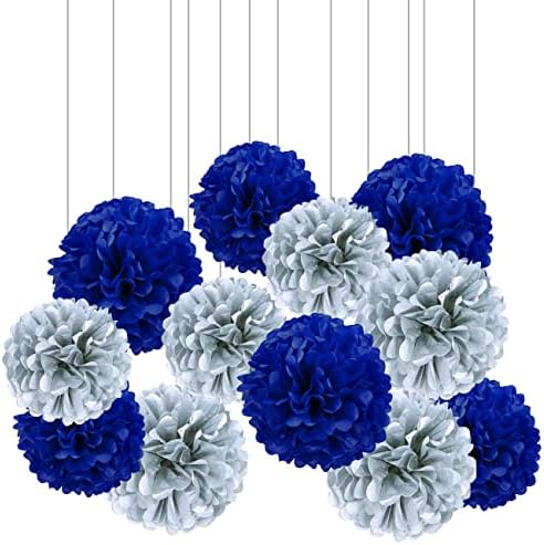 XIKSXITN 12 Piece Silver Blue Tissue Paper Pom Poms