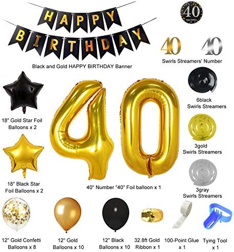 40th Birthday Decorations Set Black and Gold