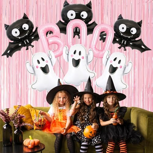 Halloween Party Balloons with Pink Fringe Curtain Set