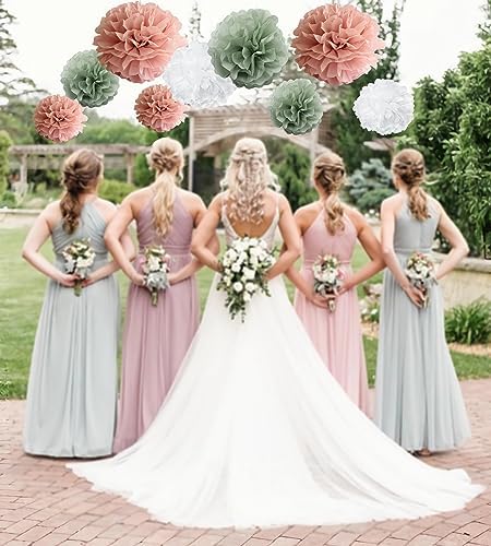 Sage Green Pink Tissue Paper Pom Poms 12 10 Set