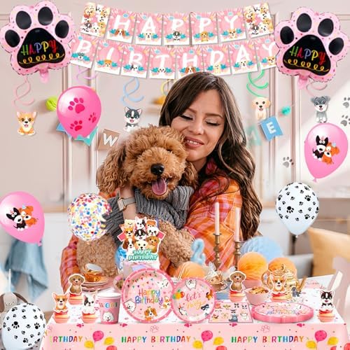 Pink Puppy Birthday Decorations Set for 16 Guests