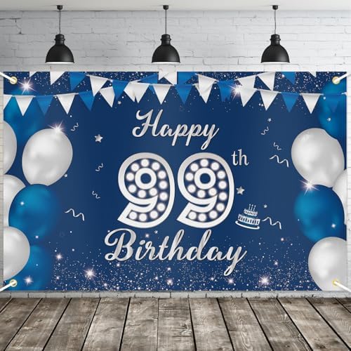 JOYKY Happy 99th Birthday Banner Blue Silver