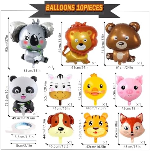 10 Pcs Safari Animal Balloons for Jungle Party Decorations
