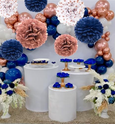 Navy Blue Rose Gold Tissue Pom Poms Decorations 9 Pack