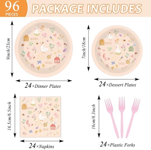 96 Pcs Farm Animal Themed Dinnerware Set for 24 Guests