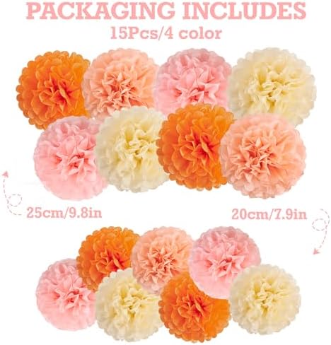 15Pcs Pink Orange Tissue Pom Poms Flower Decorations