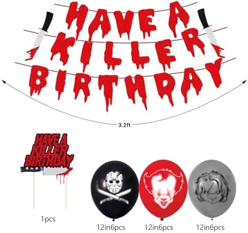 Killer Birthday Decorations Set Balloons Banner Tablecloth Cake Toppers