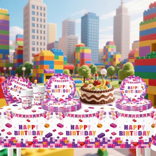 Pink Building Block Birthday Party Set