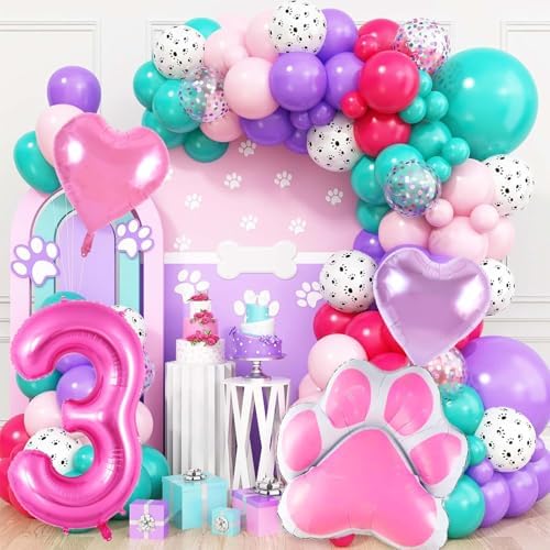 Pink Dog Birthday Balloons Set with Paw Print and Hearts