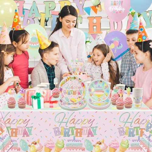 Happy Birthday Decorations Pastel Plates Napkins Tableware Set