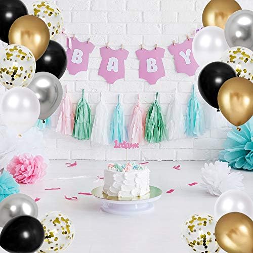 Black Gold Silver Party Balloons 50pcs 12 Inch Metallic Confetti Balloons with Ribbon