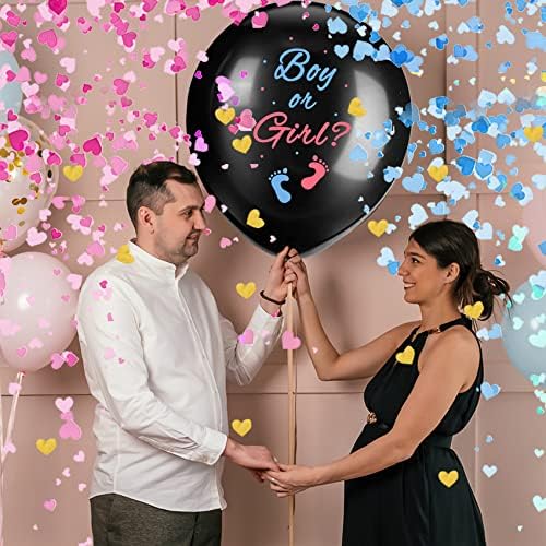 Gender Reveal Balloons 36 Inch Black with Pink and Blue Heart-Shaped Confetti