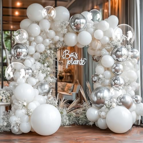 White Silver Balloon Garland with Foil Balloons for Parties and Celebrations