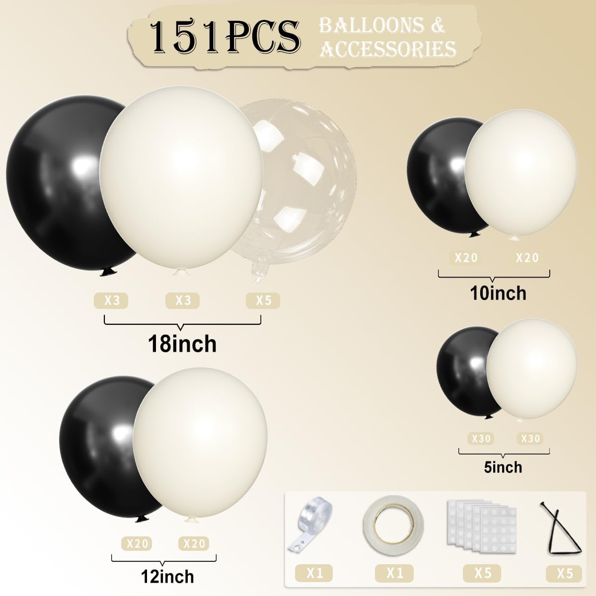 MOXMAY White Sand Black Balloons Arch Kit 151Pcs