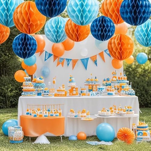 Orange Blue Paper Honeycomb Balls 12 Pack