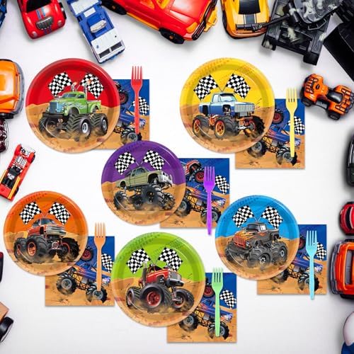 96Pcs Monster Truck Party Plates Napkins Forks for Kids