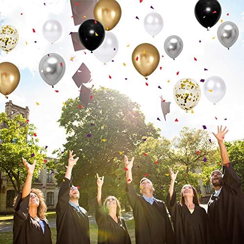 Black Gold Silver Party Balloons 50pcs 12 Inch Metallic Confetti Balloons with Ribbon