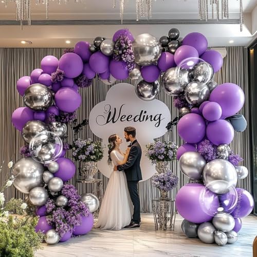 Purple Silver Balloon Arch Kit for Birthday Celebrations
