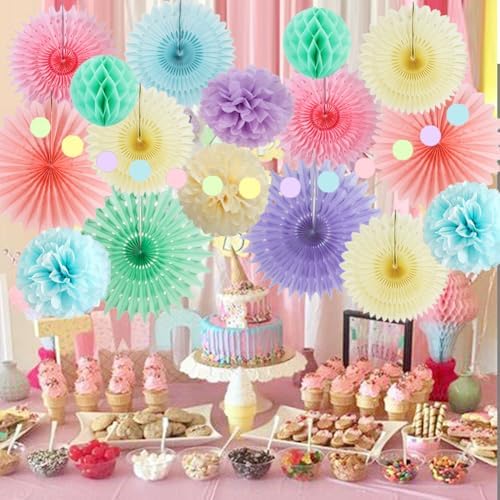 Pastel Party Decorations Kit 4pcs Fans 6pcs Pom Poms