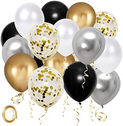 Black Gold Silver Party Balloons 50pcs 12 Inch Metallic Confetti Balloons with Ribbon