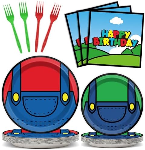 96 Pcs Super Brother Party Plates and Forks Set