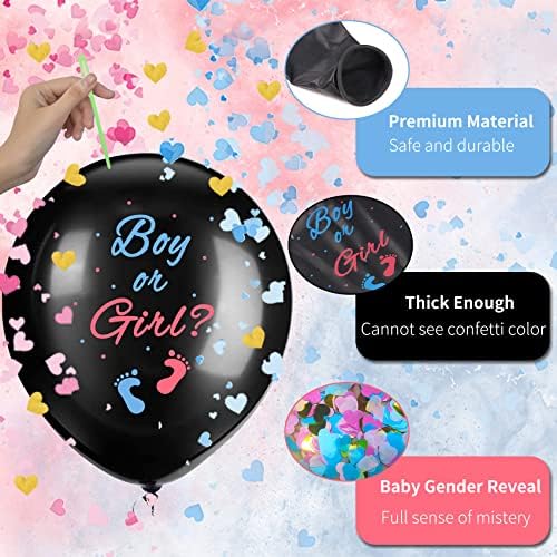 Gender Reveal Balloons 36 Inch Black with Pink and Blue Heart-Shaped Confetti