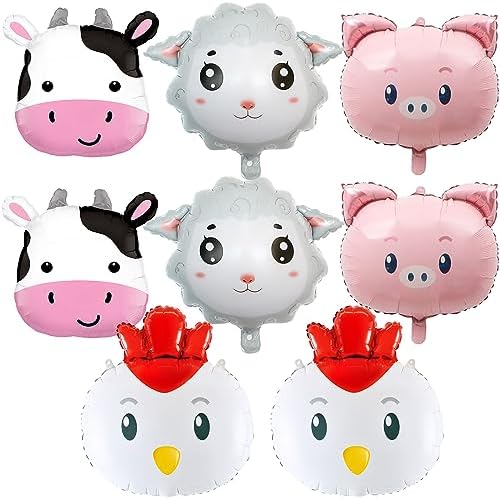 8Pcs Farm Animal Balloons Cow Pig Sheep Chicken Foil Decorations