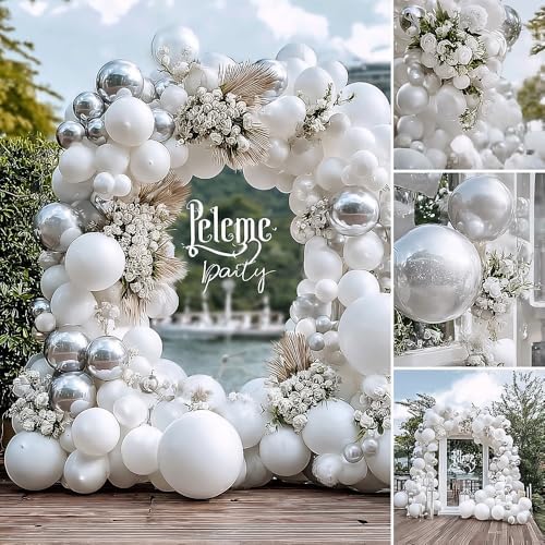 White Silver Balloon Garland with Foil Balloons for Parties and Celebrations