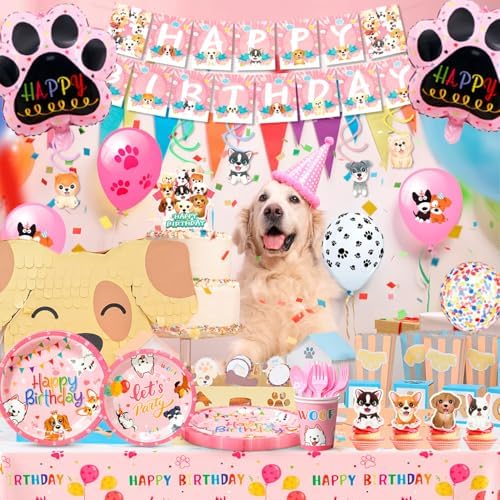 Pink Puppy Birthday Decorations Set for 16 Guests