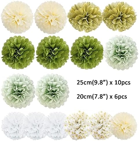 Sage Green Gold White Tissue Pom Poms Party Decor Kit