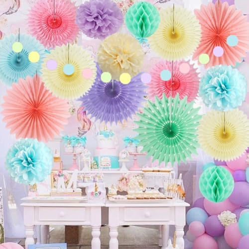 Pastel Party Decorations Kit 4pcs Fans 6pcs Pom Poms