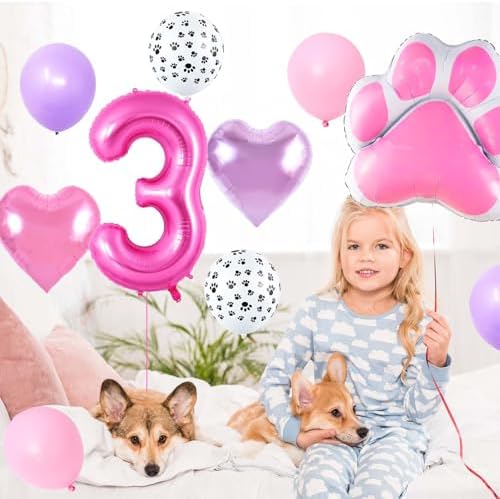 Pink Dog Birthday Balloons Set with Paw Print and Hearts
