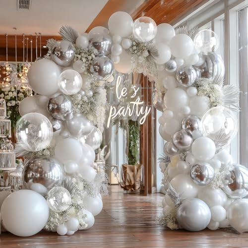 White Silver Balloon Garland with Foil Balloons for Parties and Celebrations