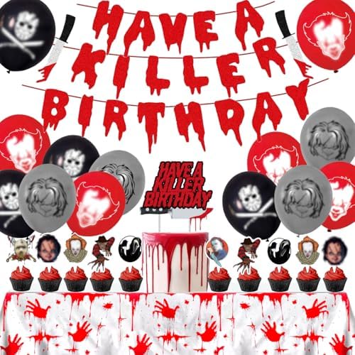 Killer Birthday Decorations Set Balloons Banner Tablecloth Cake Toppers