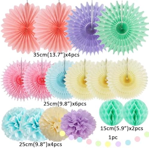 Pastel Party Decorations Kit 4pcs Fans 6pcs Pom Poms
