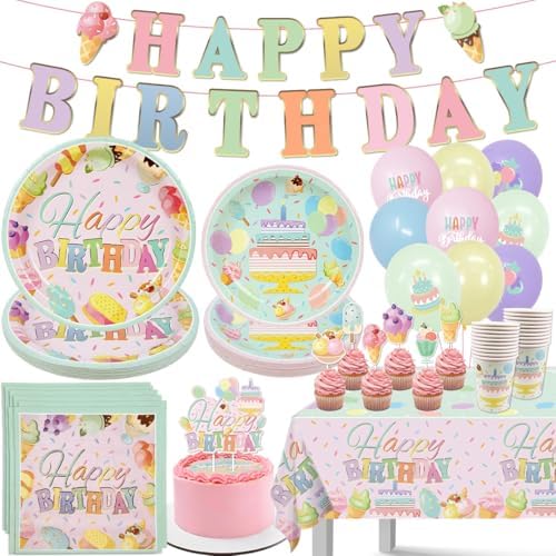 Happy Birthday Decorations Pastel Plates Napkins Tableware Set
